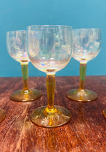 Load image into Gallery viewer, Set o chwe gwydryn bychan Vintage gyda choesau amber / Set of six small drinking glasses with amber stems
