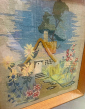 Load image into Gallery viewer, Bwthyn a gardd wedi ei frodio â llaw yn 1955 mewn ffrâm dderw / Cottage and garden hand embroidered in 1955 in an oak frame
