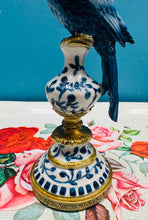 Load image into Gallery viewer, Daliwr canhwyllau glas a gwyn Parot ornate / Ornate blue and white Parrot candle holder
