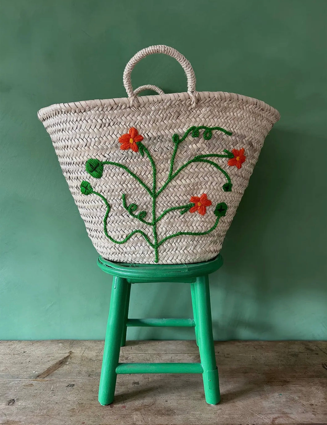 Basged marchnad fawr Nasturtium wedi ei frodio â llaw / Hand embroidered large Nasturtium market basket