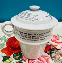 Load image into Gallery viewer, Cynhesydd Bwyd Pyramid Ironstone Gwyn Hynafol Clarks gyda Hysbysebu Hynafol / Antique White Ironstone Clarks Pyramid Food Warmer with Antique Advertising
