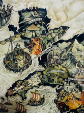 Load image into Gallery viewer, Poster mewn ffrâm o Fap Cymru y Mabinogion, wedi'i ddarlunio gan Margaret Jones ym 1986 / Framed poster of the Mabinogion Map of Wales illustrated by Margaret Jones in 1986
