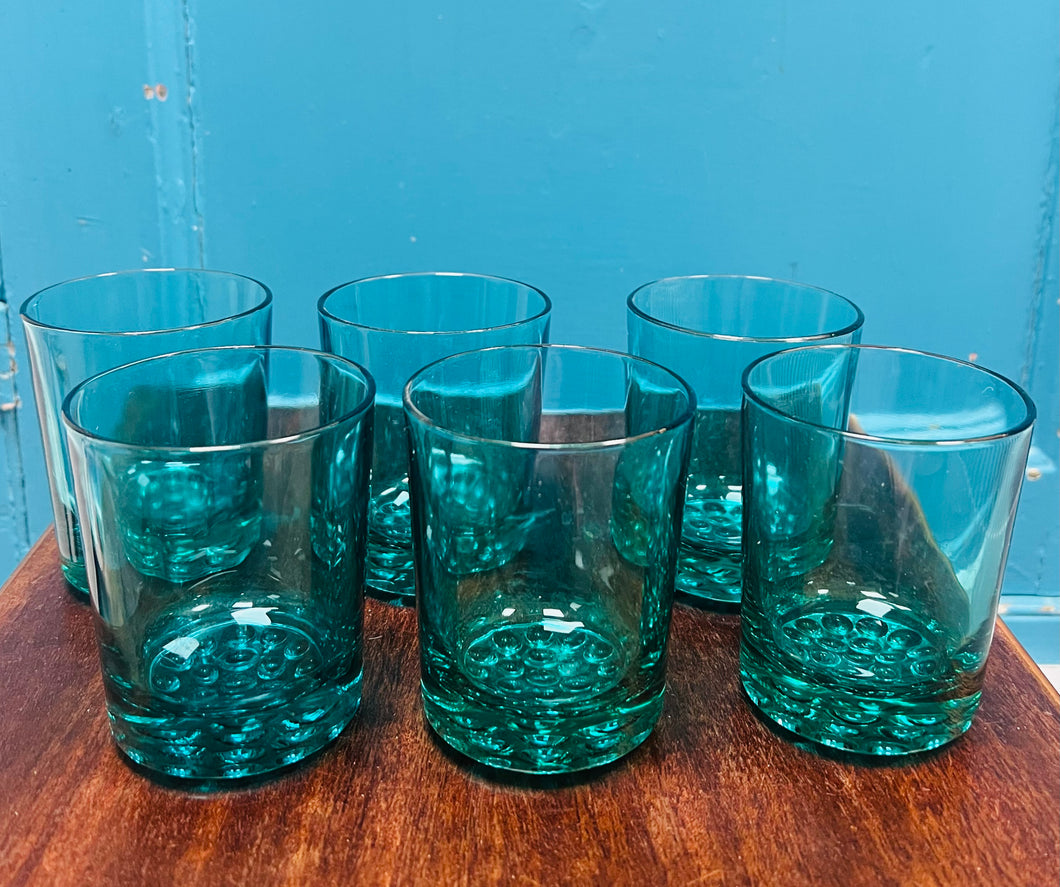 6 Gwydryn turquoise gwaelod trwm Vintage / 6 Vintage heavy bottom turquoise glasses
