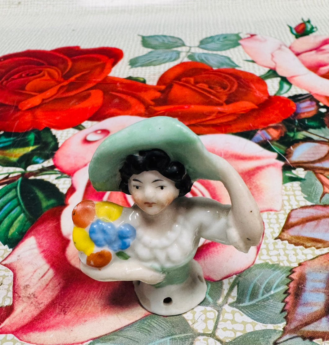 Hanner Ladi seramig pin cushion Vintage / Vintage ceramic Antique half Lady pin cushion