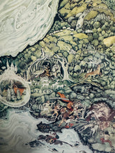 Load image into Gallery viewer, Poster mewn ffrâm o Fap Cymru y Mabinogion, wedi'i ddarlunio gan Margaret Jones ym 1986 / Framed poster of the Mabinogion Map of Wales illustrated by Margaret Jones in 1986

