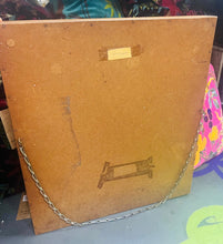 Load image into Gallery viewer, Bwthyn a gardd wedi ei frodio â llaw yn 1955 mewn ffrâm dderw / Cottage and garden hand embroidered in 1955 in an oak frame
