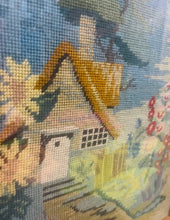 Load image into Gallery viewer, Bwthyn a gardd wedi ei frodio â llaw yn 1955 mewn ffrâm dderw / Cottage and garden hand embroidered in 1955 in an oak frame
