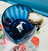 Load image into Gallery viewer, Gwydr balŵn glas Empoli gyda chath seramig yn hongian a llygoden ofnus o ganol y ganrif ddiwethaf / Mid Century Empoli blue balloon glass with a hanging ceramic cat and a scared mouse
