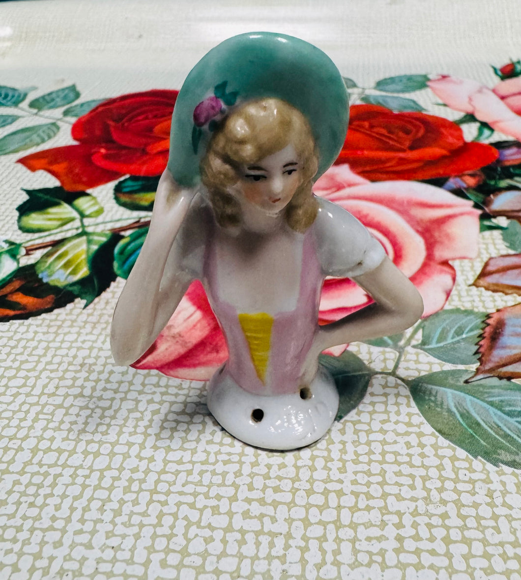 Hanner Ladi seramig pin cushion Vintage / Vintage ceramic Antique half Lady pin cushion