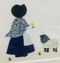 Load image into Gallery viewer, Ffrâm Ladi Gymreig ac oen bach gan Iâr Fach yr Haf wedi ei frodio â llaw / Framed hand embroidered Iar Fach yr Haf Welsh Lady and lamb
