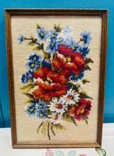 Load image into Gallery viewer, Blodau oren a glas wedi eu brodio â llaw mewn ffrâm aur o ganol y ganrif ddiwethaf  / Orange and blue flowers hand embroidered in a Mid Century frame

