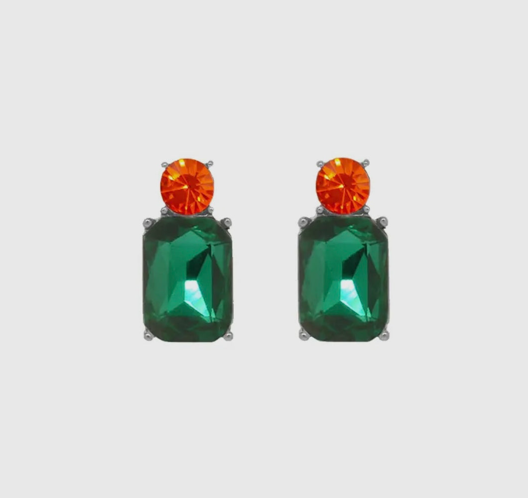 Clustlysau Dwy Em Bychan Gwyrdd ac Oren / Mini Twin Gem Earring Green and Orange