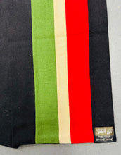 Load image into Gallery viewer, Scarff ysgol gwlan streips coch, gwyrdd, gwyn a du Vintage o ‘Daniel Thomas Outfitters Aberystwyth’ / Vintage red, green, white and black striped woolen school scarf by ‘Daniel Thomas Outfitters Aberystwyth’
