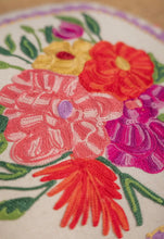 Load image into Gallery viewer, Pwffi patch work blodeuog wedi ei frodio / Floral embroidered patch work pouffe
