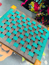 Load image into Gallery viewer, Stôl droed Vintage ffrâm bren a rattan gwyrdd a llwyd wedi’i wehyddu o ganol y ganrif ddiwethaf / Vintage green and grey Mid Century rattan woven wooden framed footstool
