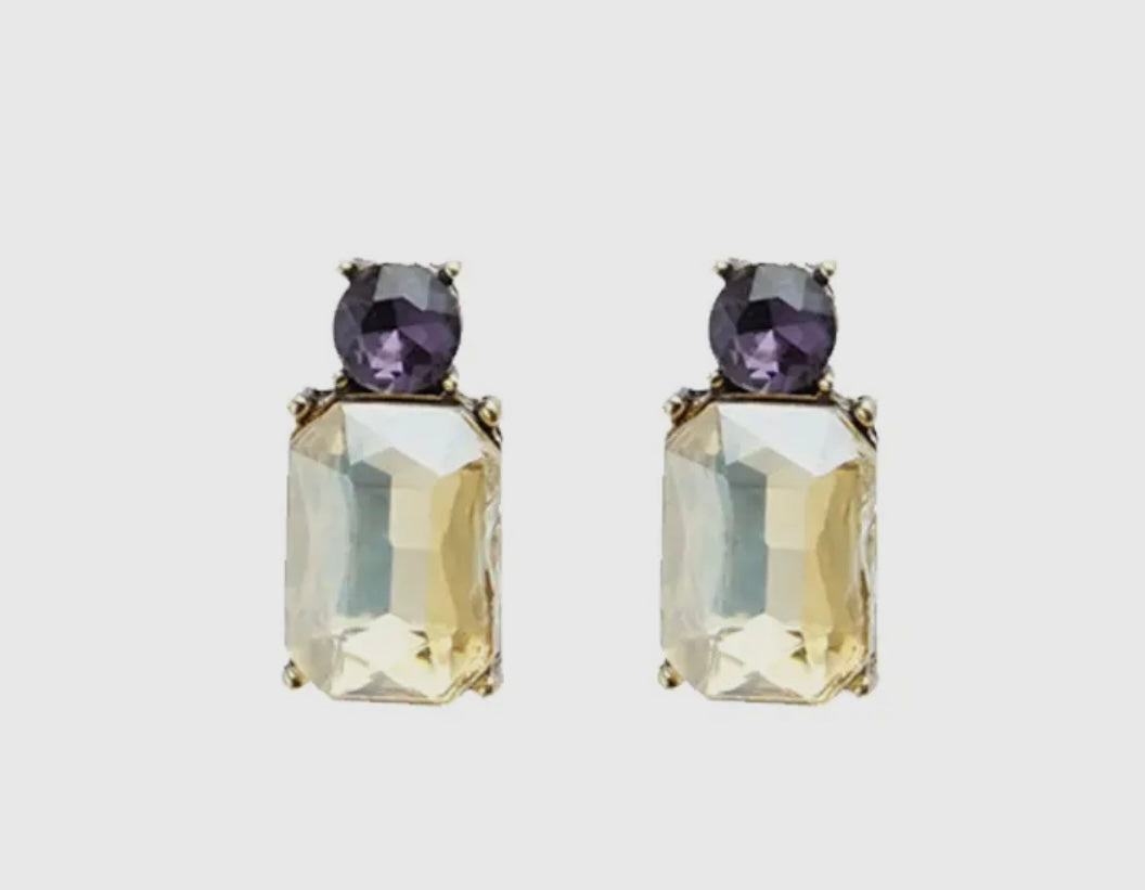 Clustlysau Dwy Em Bychan Amber ac Amethyst / Mini Twin Gem Earring Amber and Amethyst