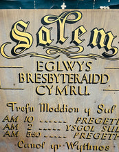 Load image into Gallery viewer, Hen arwydd Capel Salem ar ddarn o bren wedi ei beintio â llaw / Antique hand painted ‘Capel Salem’ Welsh Chapel sign on a wooden board
