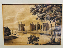 Load image into Gallery viewer, Darlun Hynafol o Gastell Caernarfon mewn ffrâm bren /Antique drawing of Caernarfon Castle in a wooden frame
