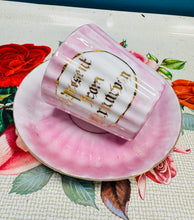 Load image into Gallery viewer, Cwpan a soser binc Hynafol ‘A present from Caernarfon’ / Antique ’A present from Caernarfon pink cup and saucer

