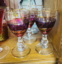Load image into Gallery viewer, Set o 3 gwydryn piws ac aur Vintage port / sherry / Set of 3  purple and gold Vintage port / sherry glasses

