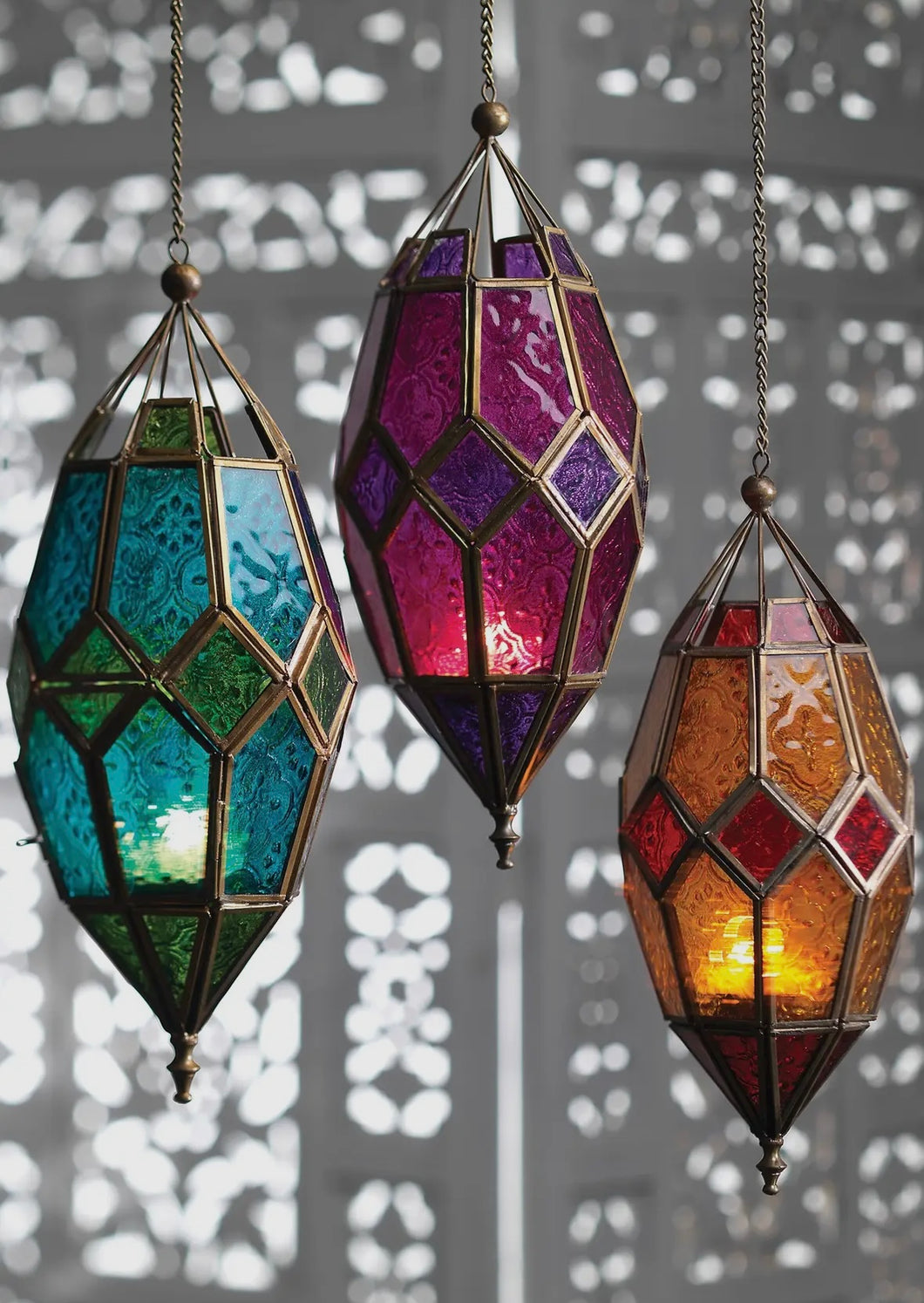 Lantern gwydr melyn a coch steil Moroccan / Moroccan yellow and red glass lantern