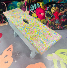 Load image into Gallery viewer, Stôl droed wedi ei pheintio a’i gorchuddio â decoupage / Decoupage and painted foot stool
