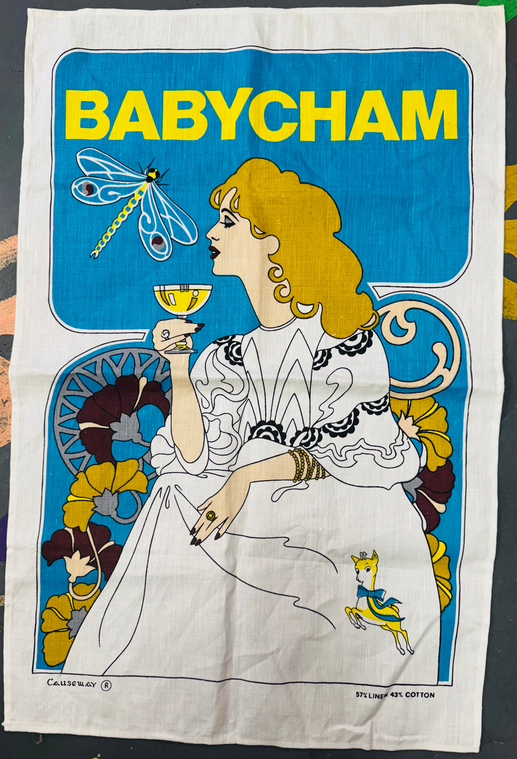 Llian sychu llestri Babycham linen Vintage o’r 70au / Vintage linen Babycham tea towell from the 70s