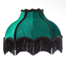 Load image into Gallery viewer, Cysgodlen lamp melfed Gwyrdd Emrallt mewn arddull Fictoraidd gyda ymylon a thaseli du / Victorian designed Emerald Green velvet lampshade with black trims and tassels
