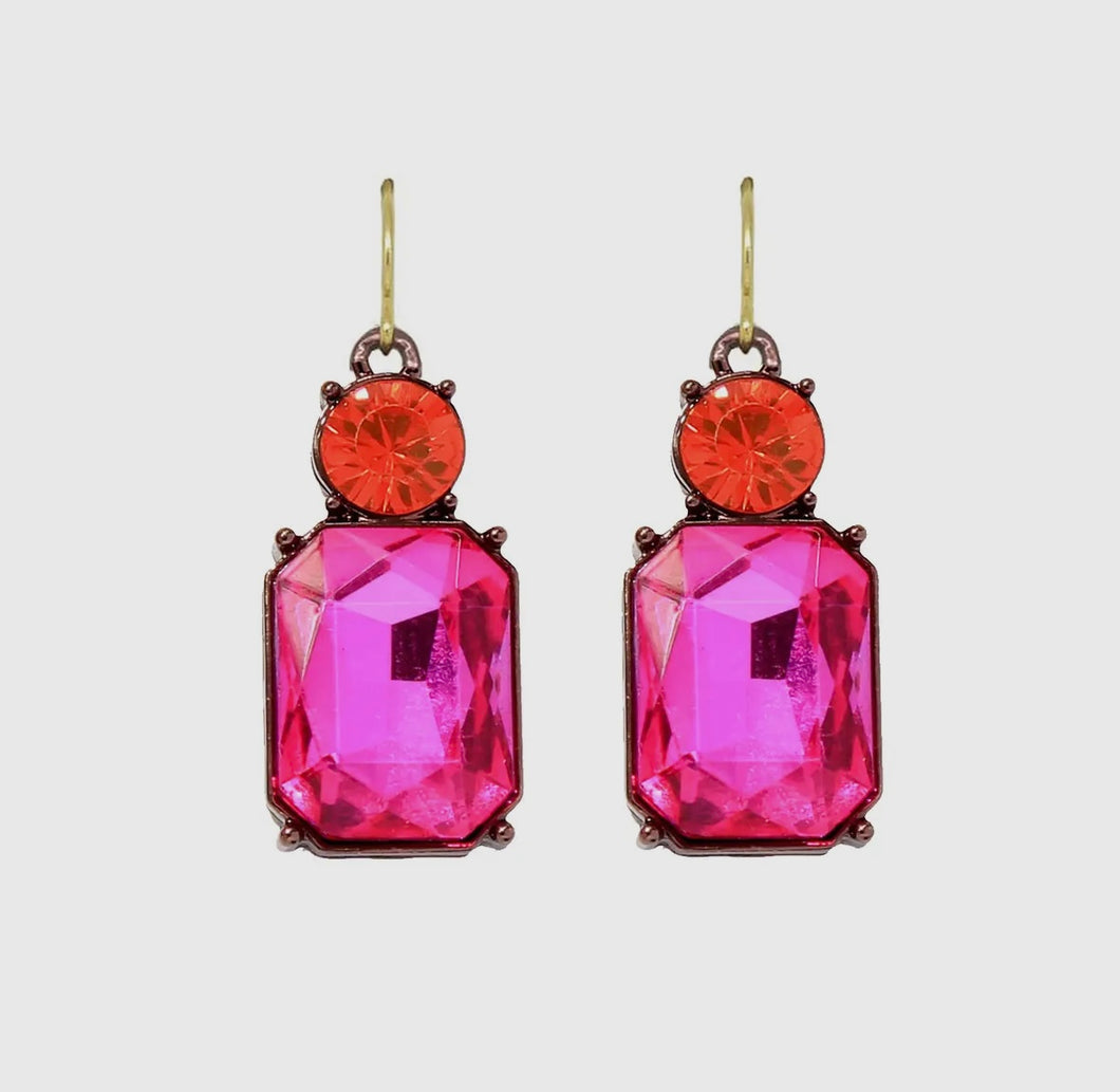 Clustlysau Dwy Pinc tywyll ac oren / Twin Gem Earring Dark Pink and orange