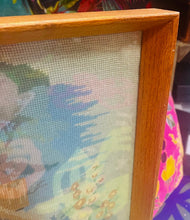 Load image into Gallery viewer, Bwthyn a gardd wedi ei frodio â llaw yn 1955 mewn ffrâm dderw / Cottage and garden hand embroidered in 1955 in an oak frame
