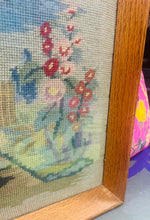 Load image into Gallery viewer, Bwthyn a gardd wedi ei frodio â llaw yn 1955 mewn ffrâm dderw / Cottage and garden hand embroidered in 1955 in an oak frame
