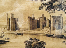 Load image into Gallery viewer, Darlun Hynafol o Gastell Caernarfon mewn ffrâm bren /Antique drawing of Caernarfon Castle in a wooden frame
