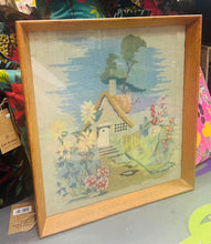 Load image into Gallery viewer, Bwthyn a gardd wedi ei frodio â llaw yn 1955 mewn ffrâm dderw / Cottage and garden hand embroidered in 1955 in an oak frame
