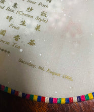 Load image into Gallery viewer, Ffan Tseiniaidd sidan Vintage gyda bwydlen y wledd bwyd Tseiniaidd oedd ar fwrdd y llong M.V.Tegelberg 6/8/1966 / Vintage silk Chinese fan with the Chinese banquet’s menu that was on board the M.V.Tegelberg ship on 6/8/1966
