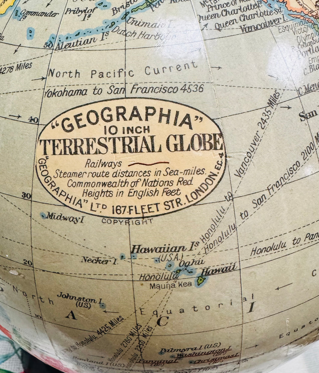 Atlas Glôb Daearol Hynafol 10 modfedd o'r 1930au, yn cynnwys llwybrau rheilffyrdd a llongau / Antique Geographic 10 Inch Terrestrial Globe Atlas railways steamers and sea routes from the 1930s