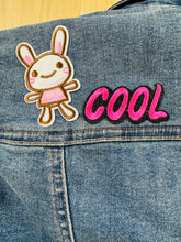 Load image into Gallery viewer, Siaced denim ail law maint 10 gyda patches lliwgar hwyliog / Second hand size 10 denim jacket with colourful fun patches
