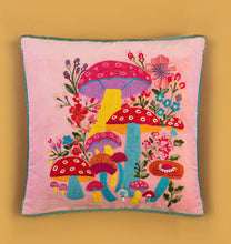 Load image into Gallery viewer, Clustog pinc Caws Llyffant wedi’i frodio / Pink Embroidered Toadstools Cushion
