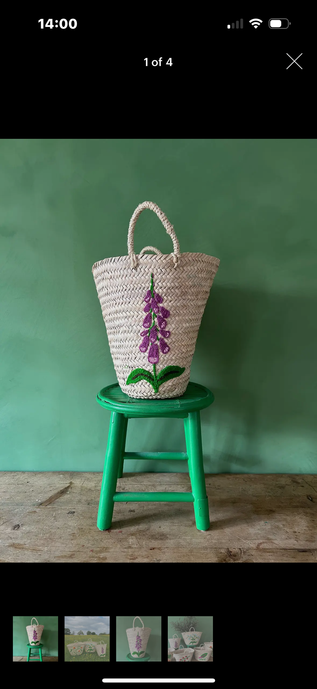 Basged bwced Bysedd y Cŵn wedi ei frodio â llaw / Hand embroidered Foxglove bucket basket