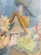 Load image into Gallery viewer, Bwthyn a gardd wedi ei frodio â llaw yn 1955 mewn ffrâm dderw / Cottage and garden hand embroidered in 1955 in an oak frame
