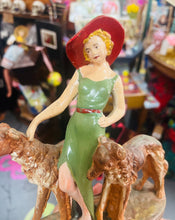 Load image into Gallery viewer, Ffigwr merch a’i dau gi chalkware Vintage o’r 30au wedi eu peintio â llaw /
Hand painted Vintage chalkware girl and her dog figure from the 30s
