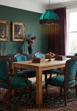 Load image into Gallery viewer, Cysgodlen lamp melfed Gwyrdd Emrallt mewn arddull Fictoraidd gyda ymylon a thaseli du / Victorian designed Emerald Green velvet lampshade with black trims and tassels
