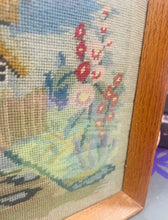 Load image into Gallery viewer, Bwthyn a gardd wedi ei frodio â llaw yn 1955 mewn ffrâm dderw / Cottage and garden hand embroidered in 1955 in an oak frame
