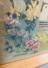 Load image into Gallery viewer, Bwthyn a gardd wedi ei frodio â llaw yn 1955 mewn ffrâm dderw / Cottage and garden hand embroidered in 1955 in an oak frame
