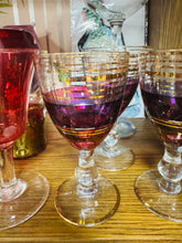 Load image into Gallery viewer, Set o 3 gwydryn piws ac aur Vintage port / sherry / Set of 3  purple and gold Vintage port / sherry glasses
