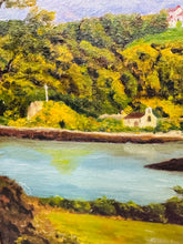 Load image into Gallery viewer, Darlun olew ar ganfas o Bont Borth gan E. Hughes mewn ffrâm aur / Oil on canvas painting of Menai Suspension Bridge in a gold frame
