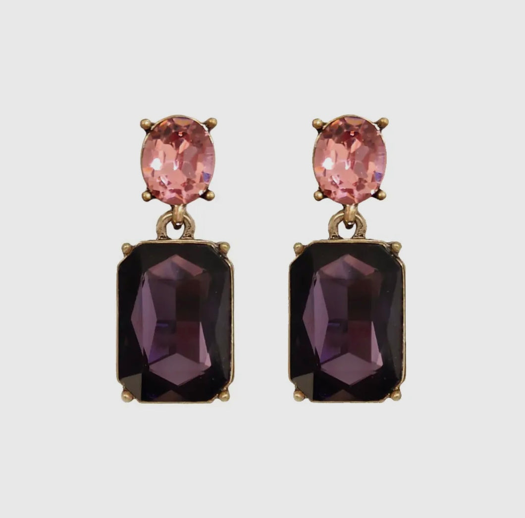 Clustlysau Dwy Em Hirgrwn Piws Tywyll a Pinc / Oval Twin Gem Earring Dark Purple and Pink