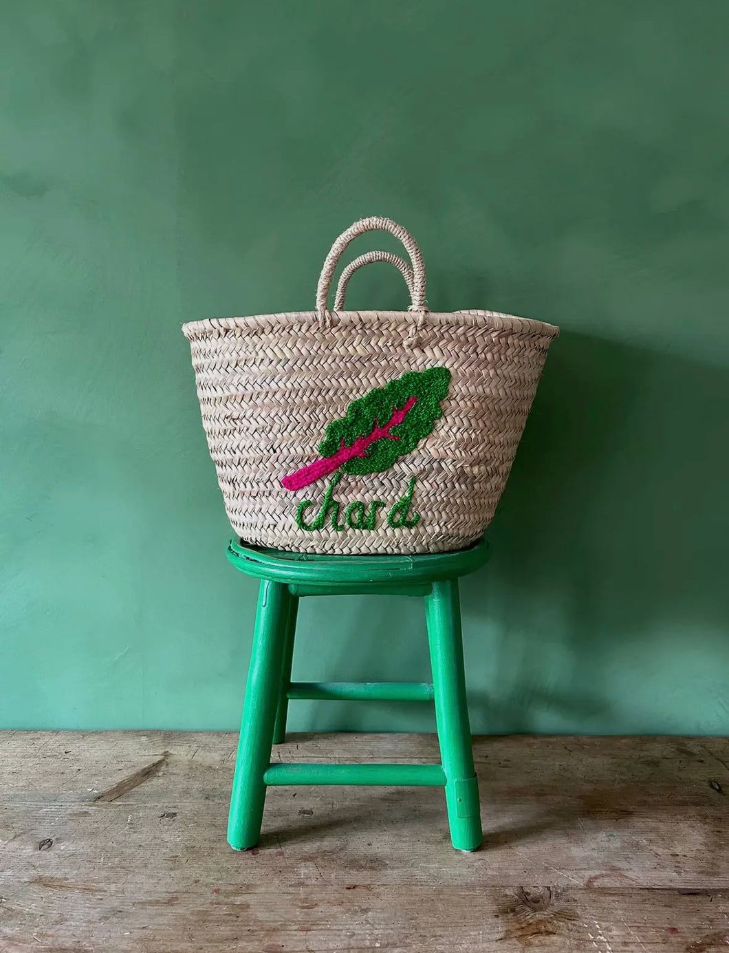 Basged marchnad Chard wedi ei frodio â llaw / Hand embroidered Chard market basket