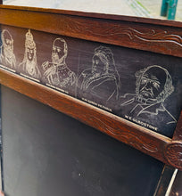 Load image into Gallery viewer, Bwrdd du Edwardaidd yn troi'n ddesg plentyn, gyda bwrdd efo 20 o ddelweddau yn sgrolio / Edwardian child’s drawing black board converting into a desk, with a scrolling picture board with 20 images
