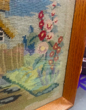 Load image into Gallery viewer, Bwthyn a gardd wedi ei frodio â llaw yn 1955 mewn ffrâm dderw / Cottage and garden hand embroidered in 1955 in an oak frame
