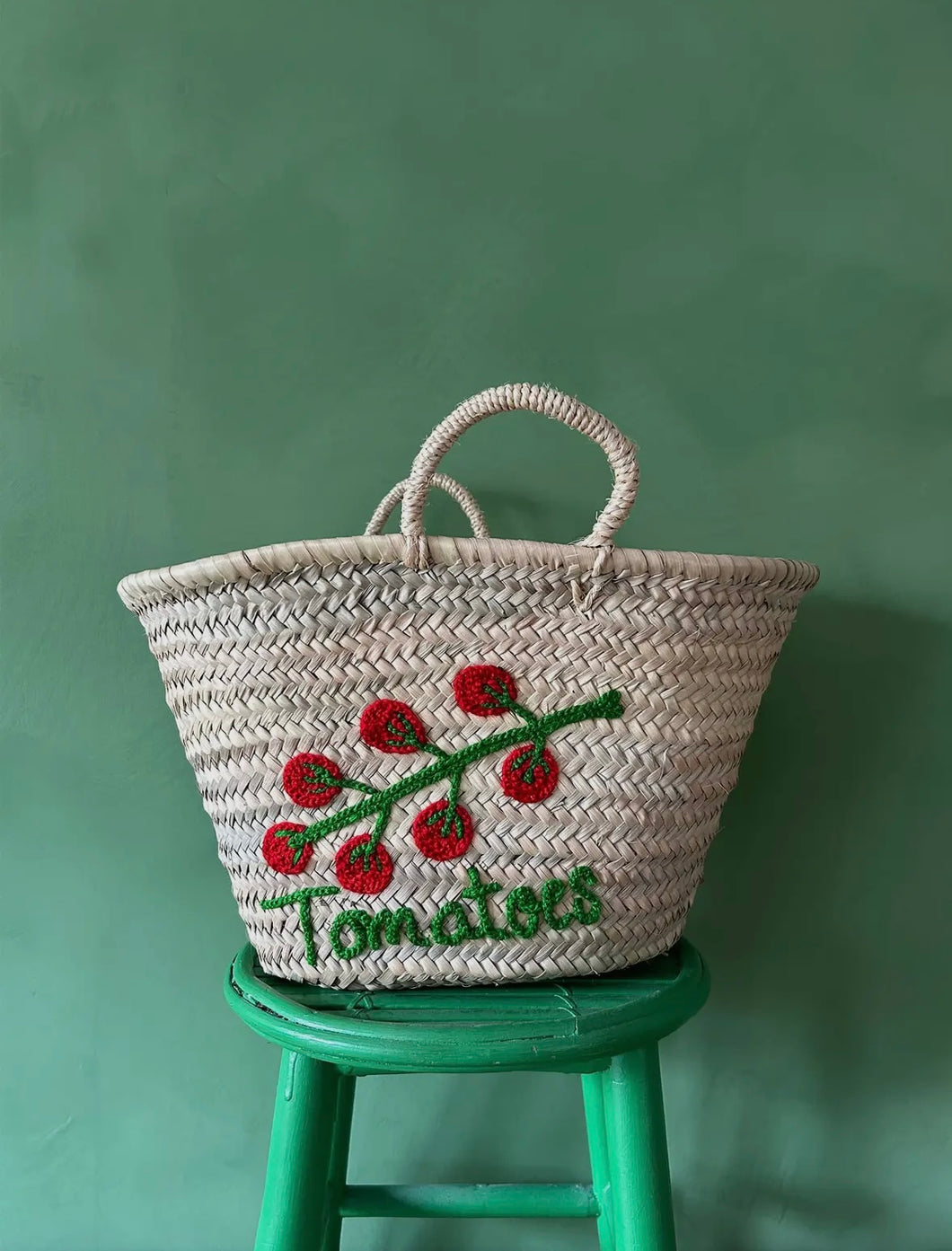 Basged marchnad Tomatos wedi ei frodio â llaw / Hand embroidered Tomatos market basket